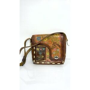 Vintage 70s Brown Leather Hand Tooled Purse Bag Horse Floral Western Design